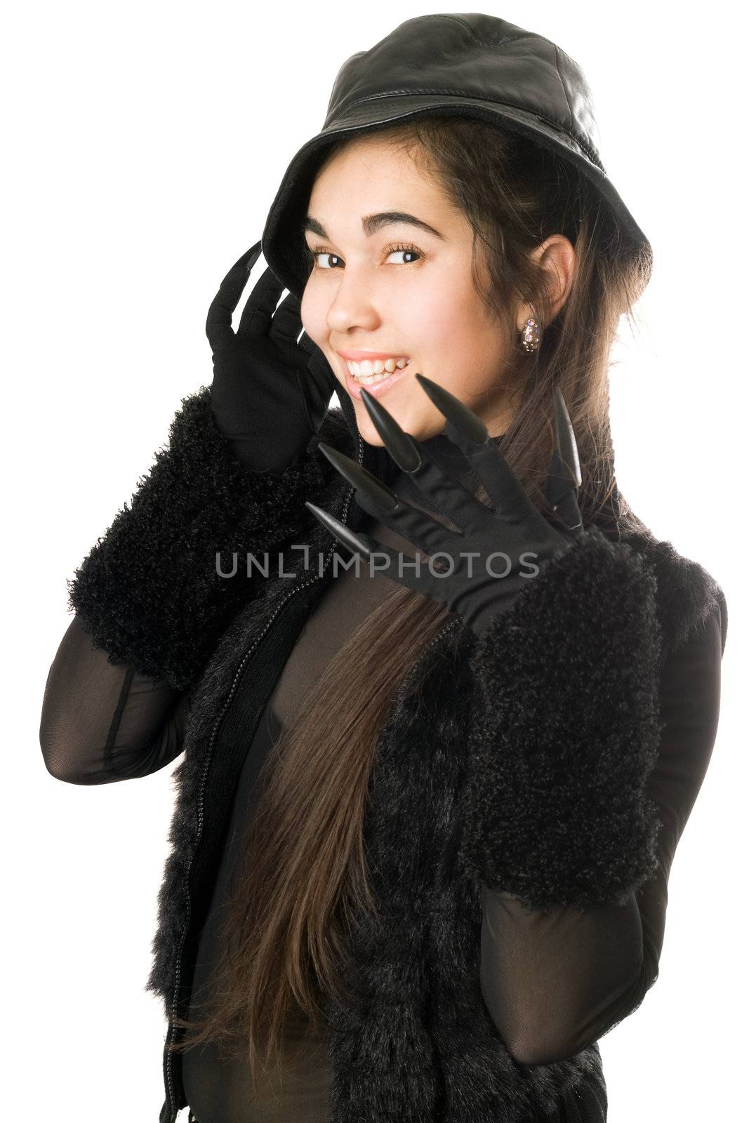 Smiling girl in gloves with claws. Isolated on white