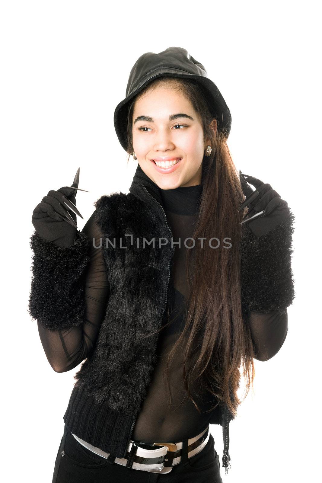 Joyful girl in gloves with claws. Isolated on white