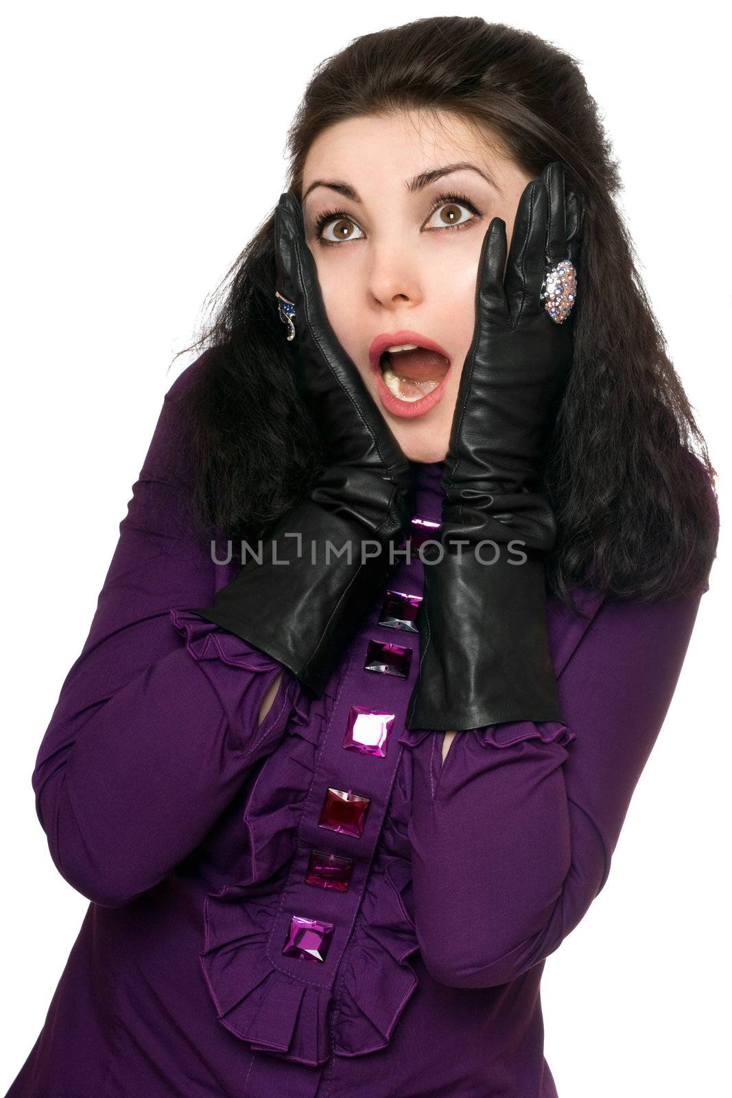 Portrait of frightened young woman. Isolated on white background