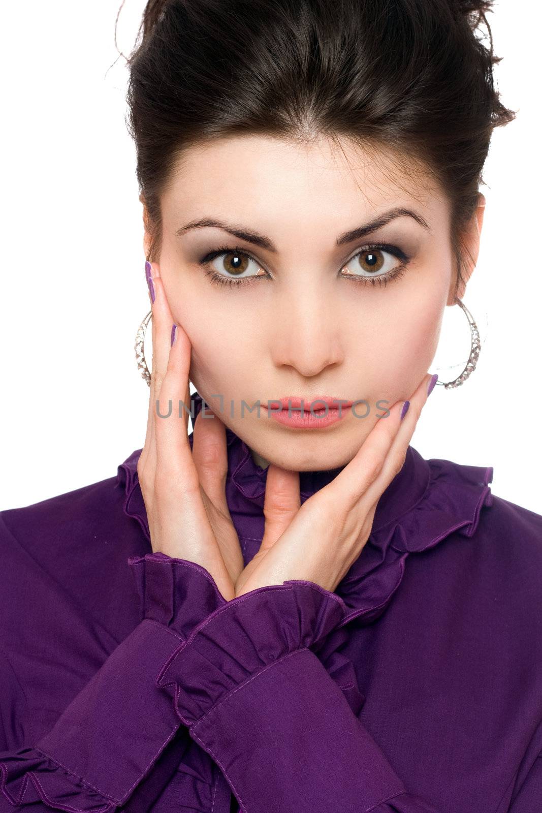 Closeup portrait of beautiful young woman in a purple jacket