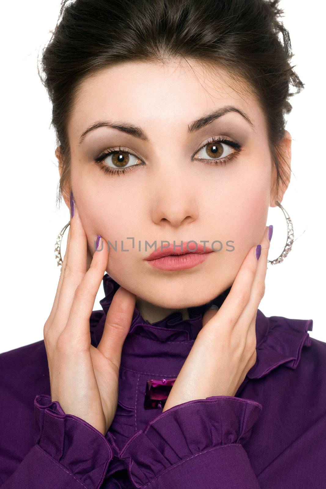 Closeup portrait of attractive young woman in a purple jacket