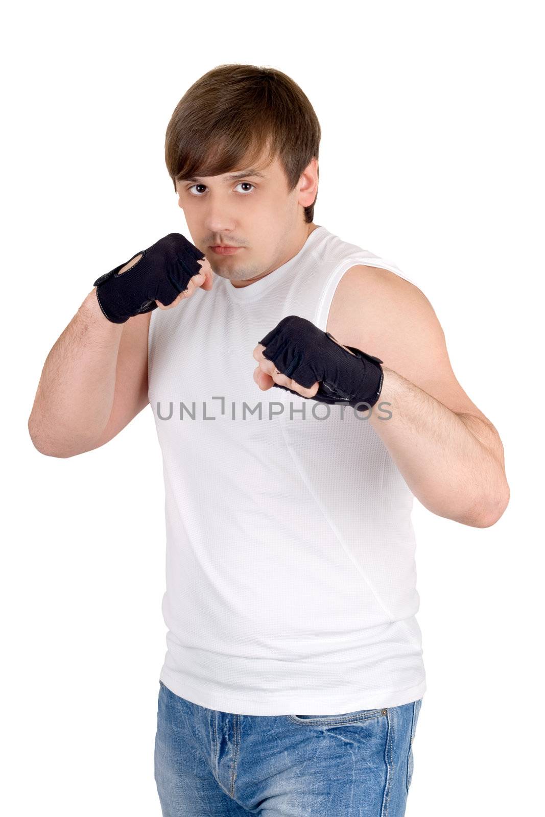 Portrait of the fighter. Isolated on white