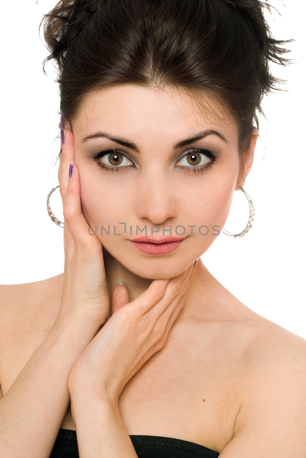 Closeup portrait of beautiful brunette. Isolated on white