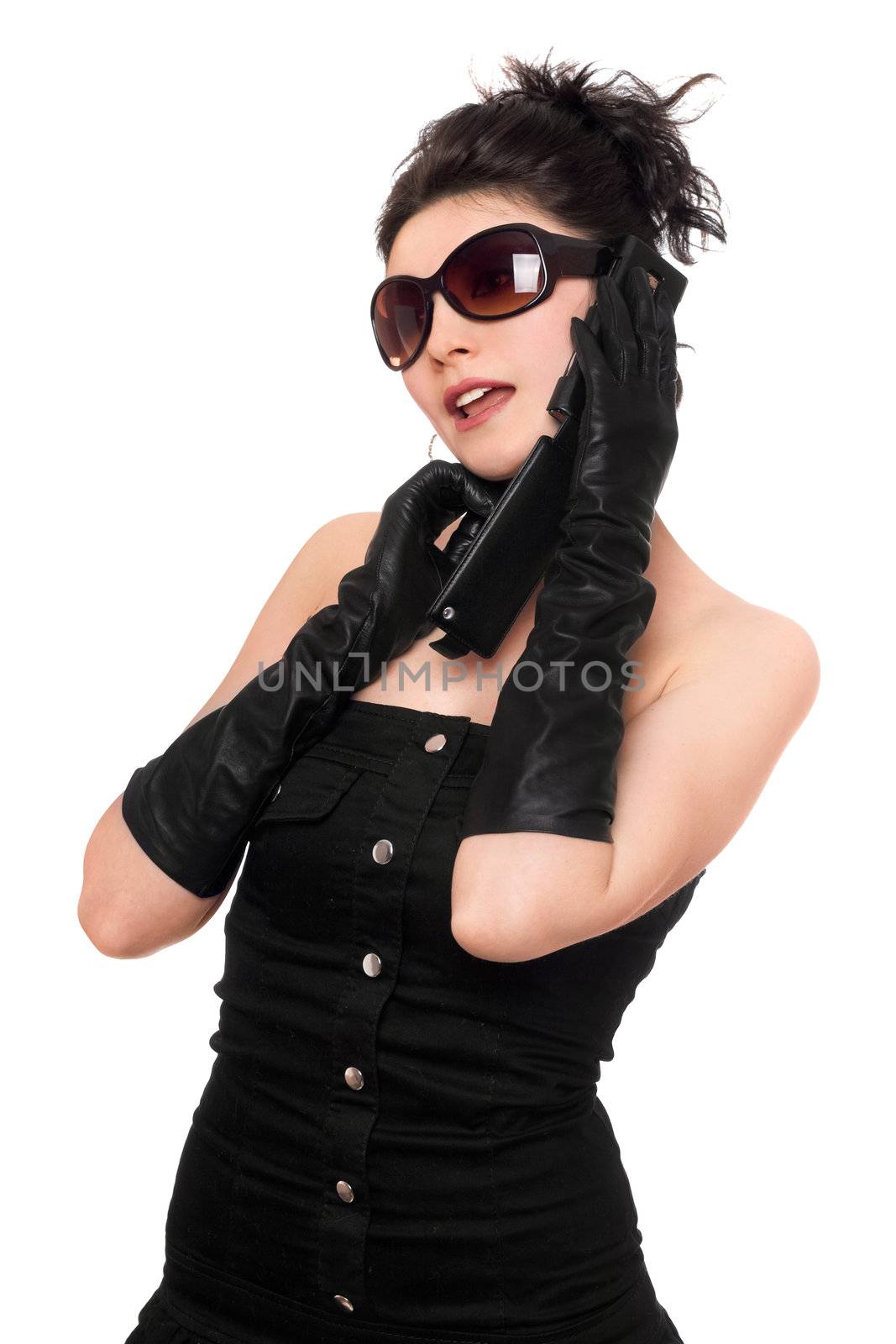 Portrait of pretty brunette talking on the phone