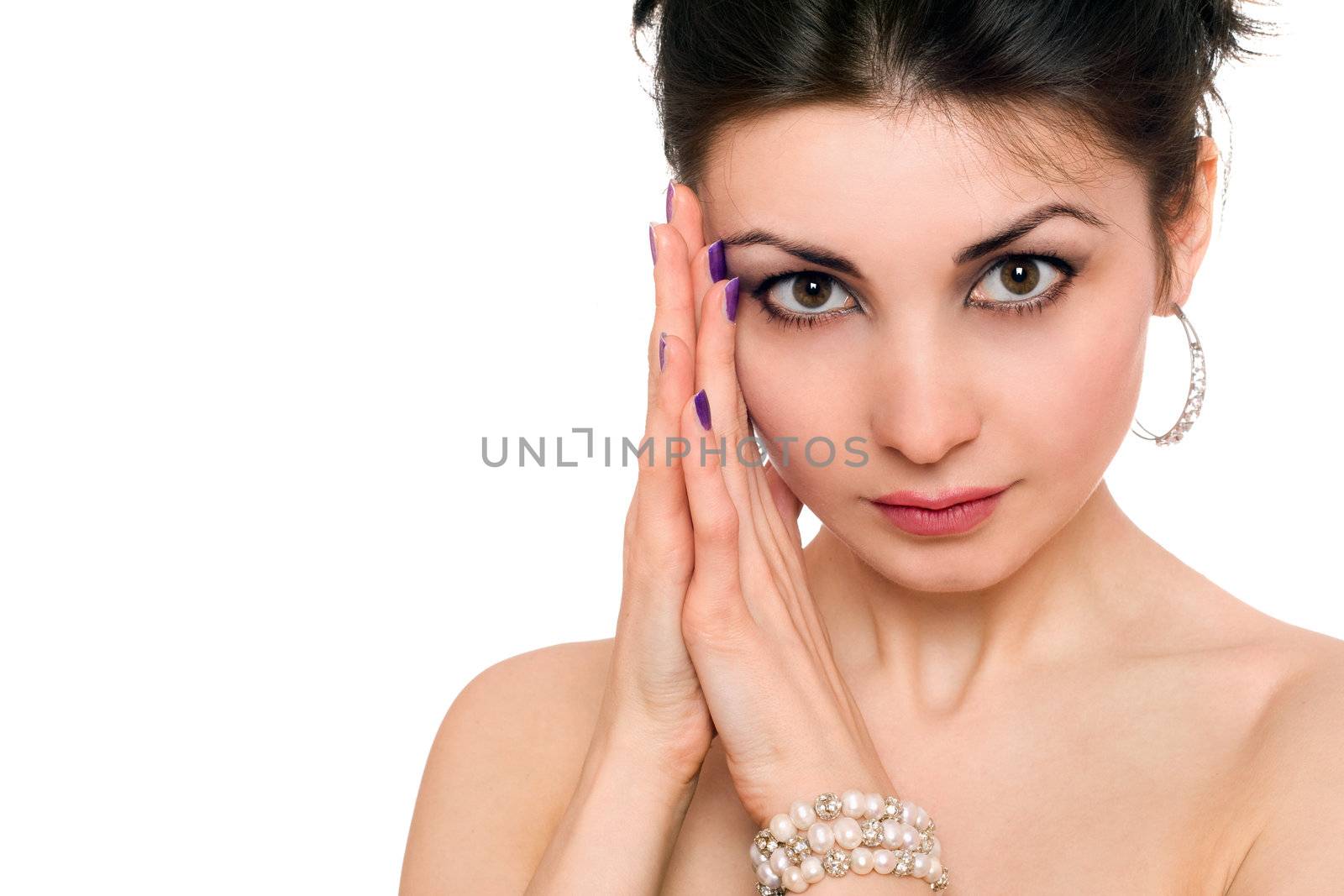 Closeup portrait of beautiful young brunette. Isolated on white