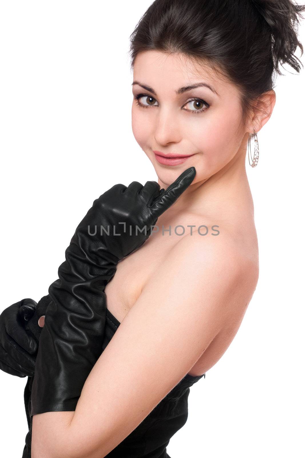 Portrait of beautiful young woman in a black dress. Isolated