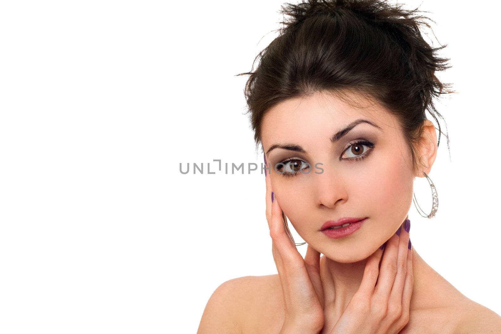 Closeup portrait of lovely brunette. Isolated on white