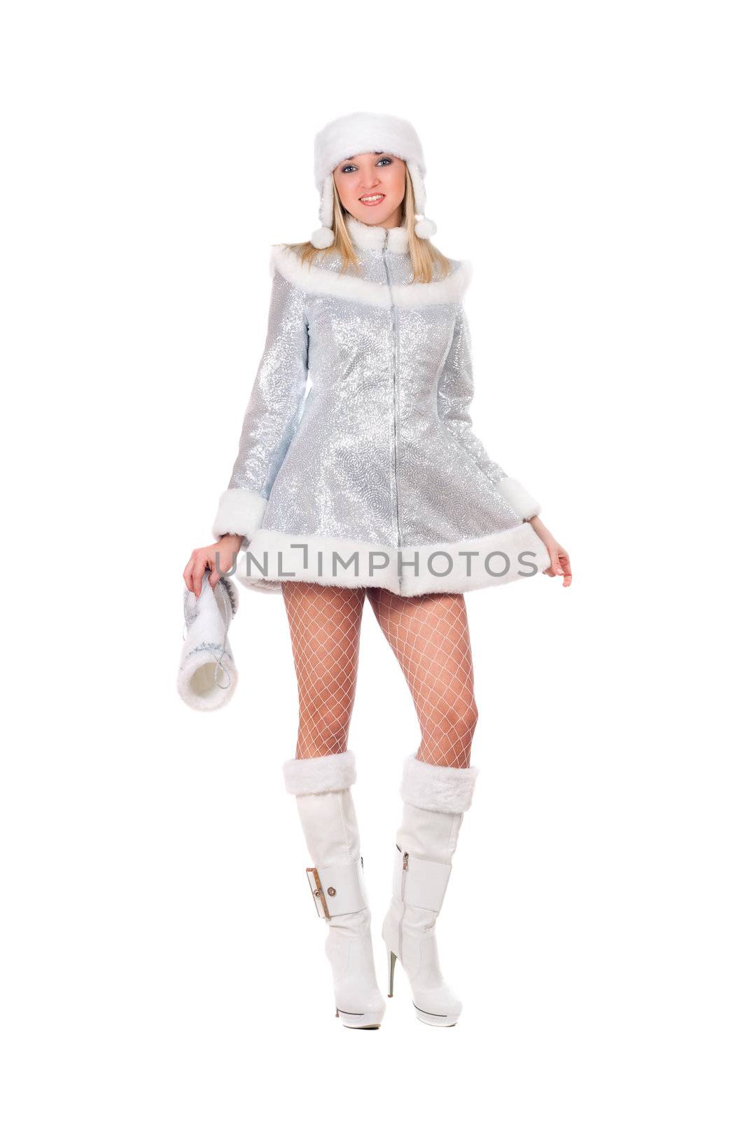 Sexy young woman dressed as Snow Maiden. Isolated on white
