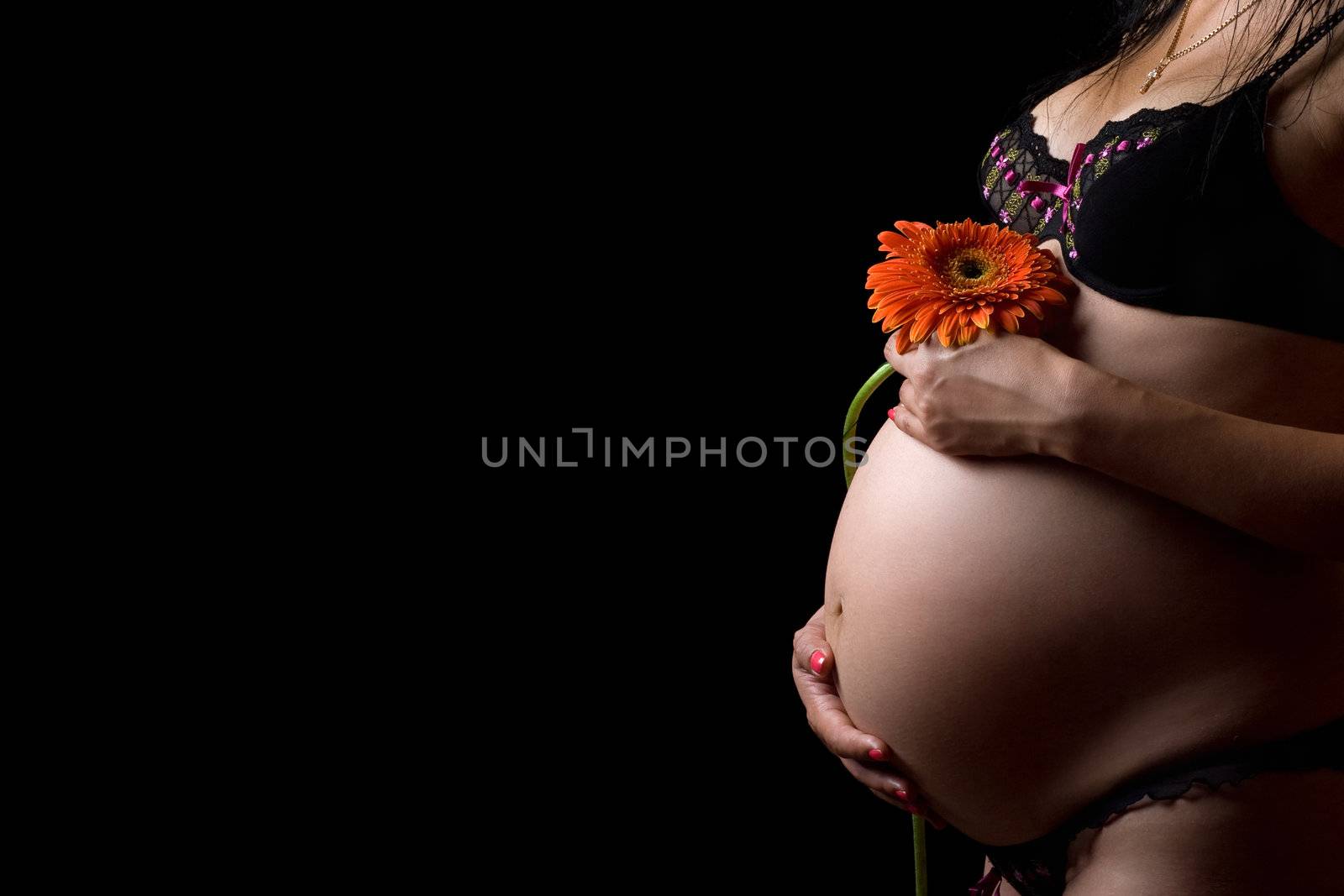 Belly of a pregnant woman with flower. Isolated