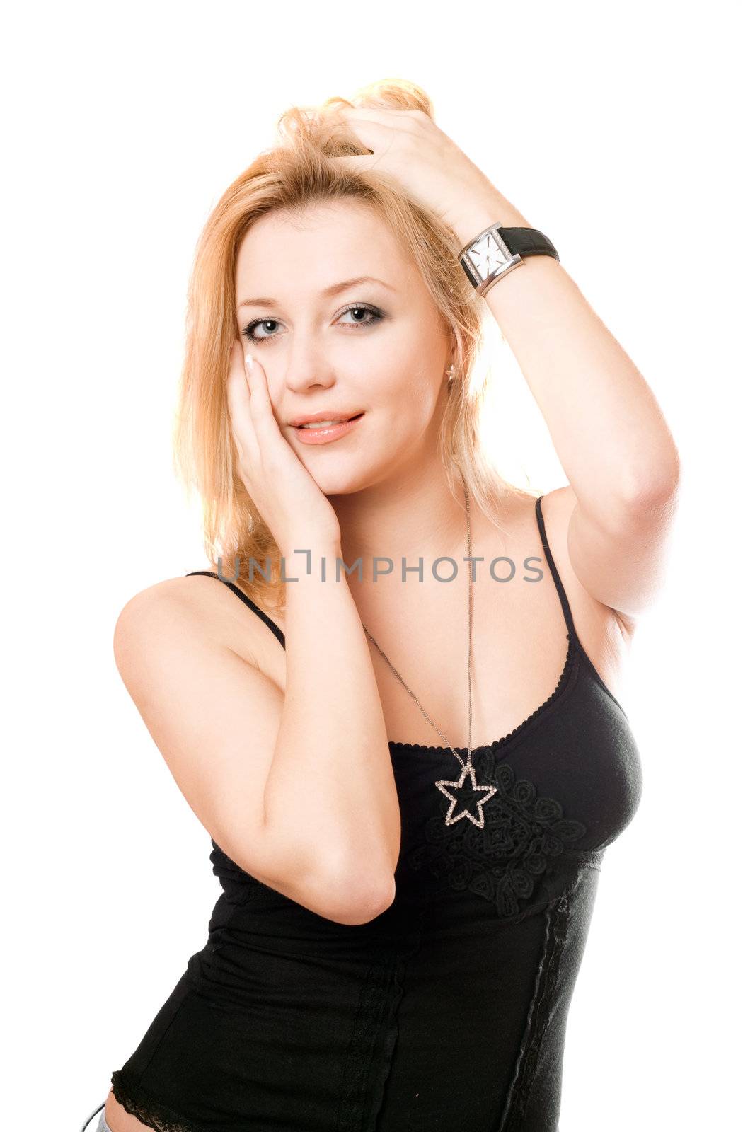Portrait of lovely blonde in a black t-shirt