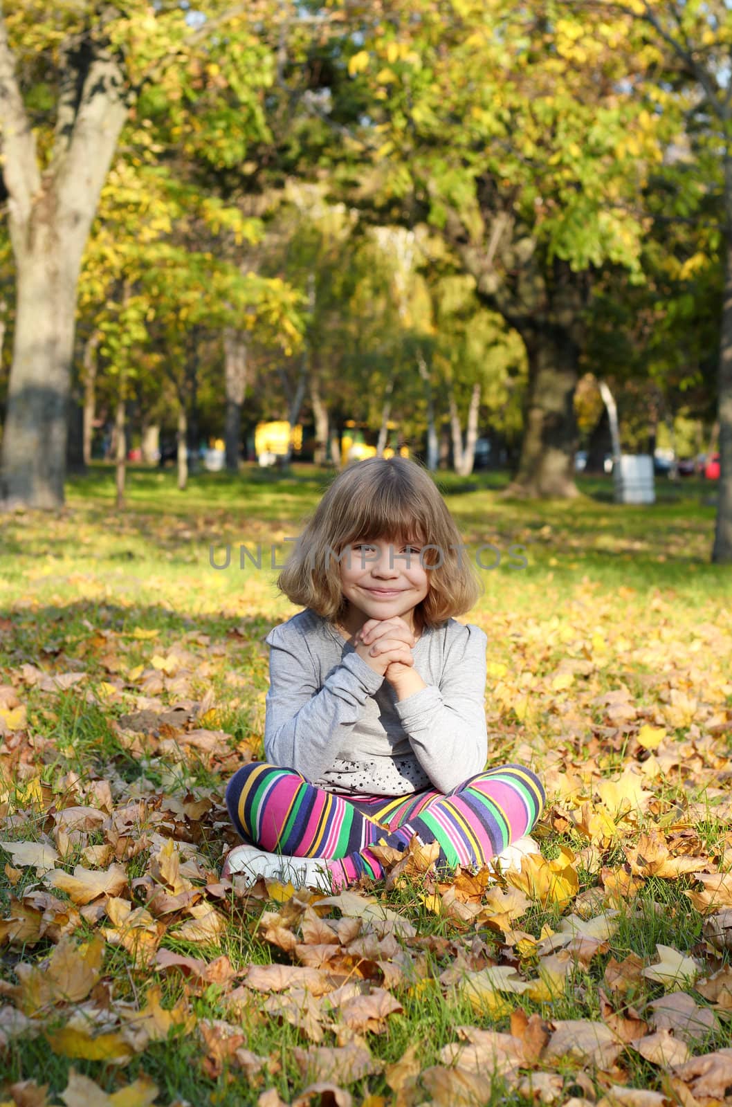 beautiful little girl sitting on autumn leaves in park