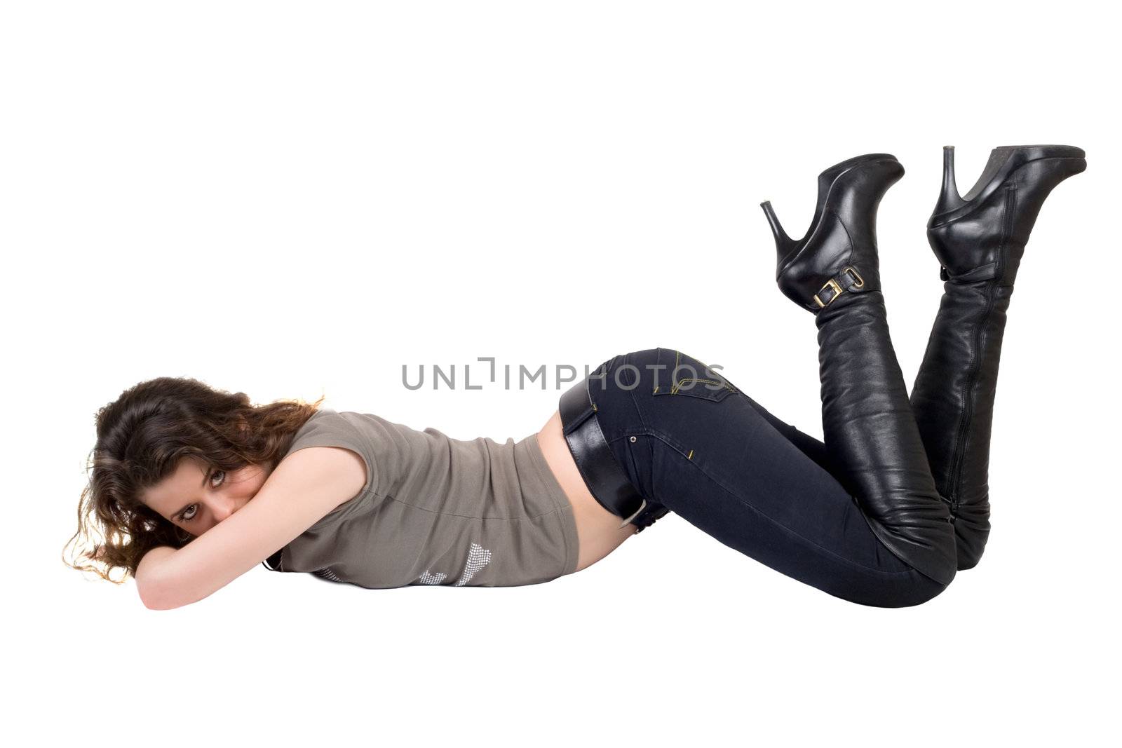 Playful attractive young woman. Isolated on white
