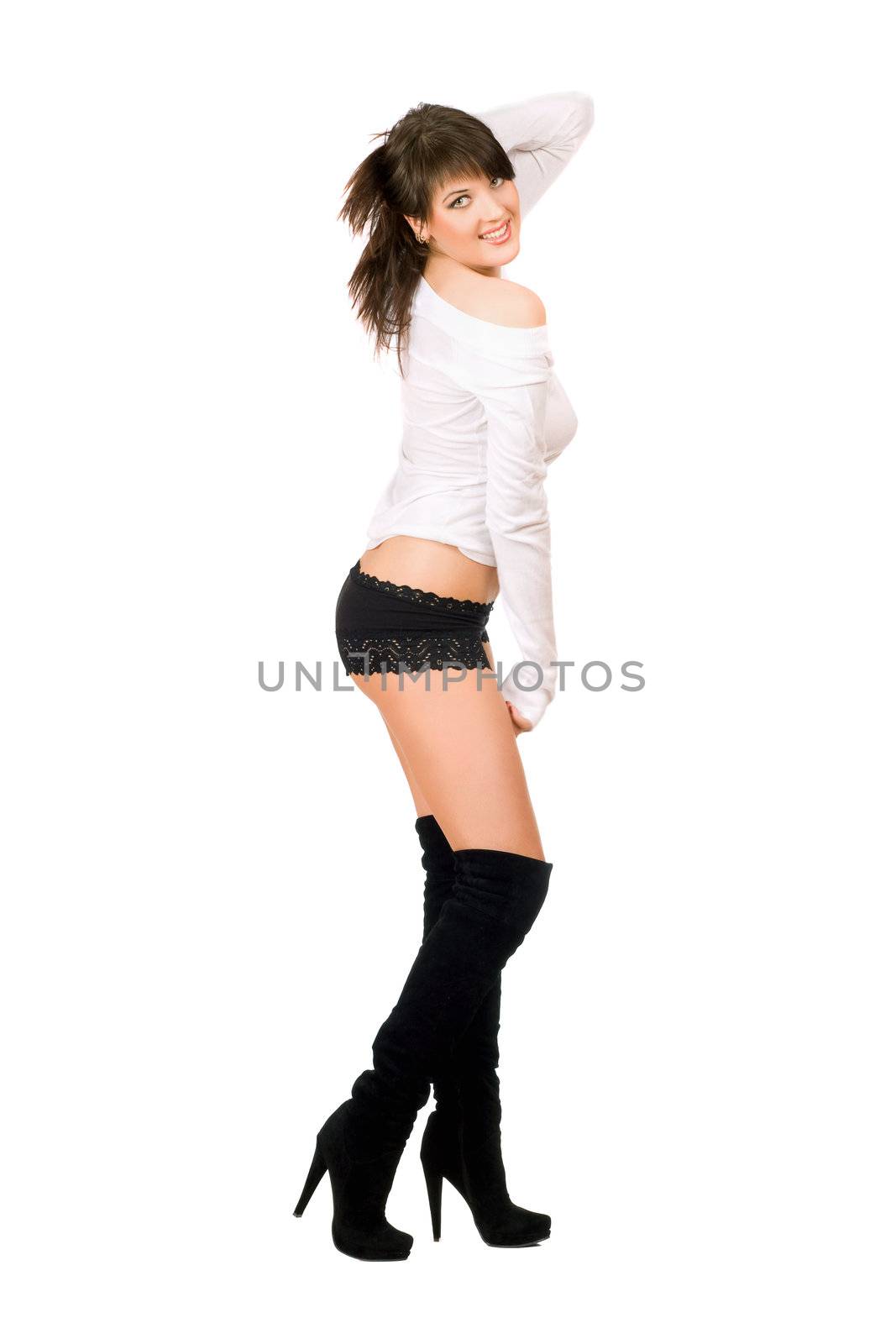 Playful pretty young brunette. Isolated on white