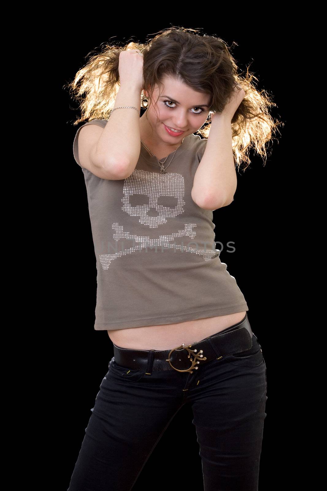 Portrait of the playful girl. Isolated on black