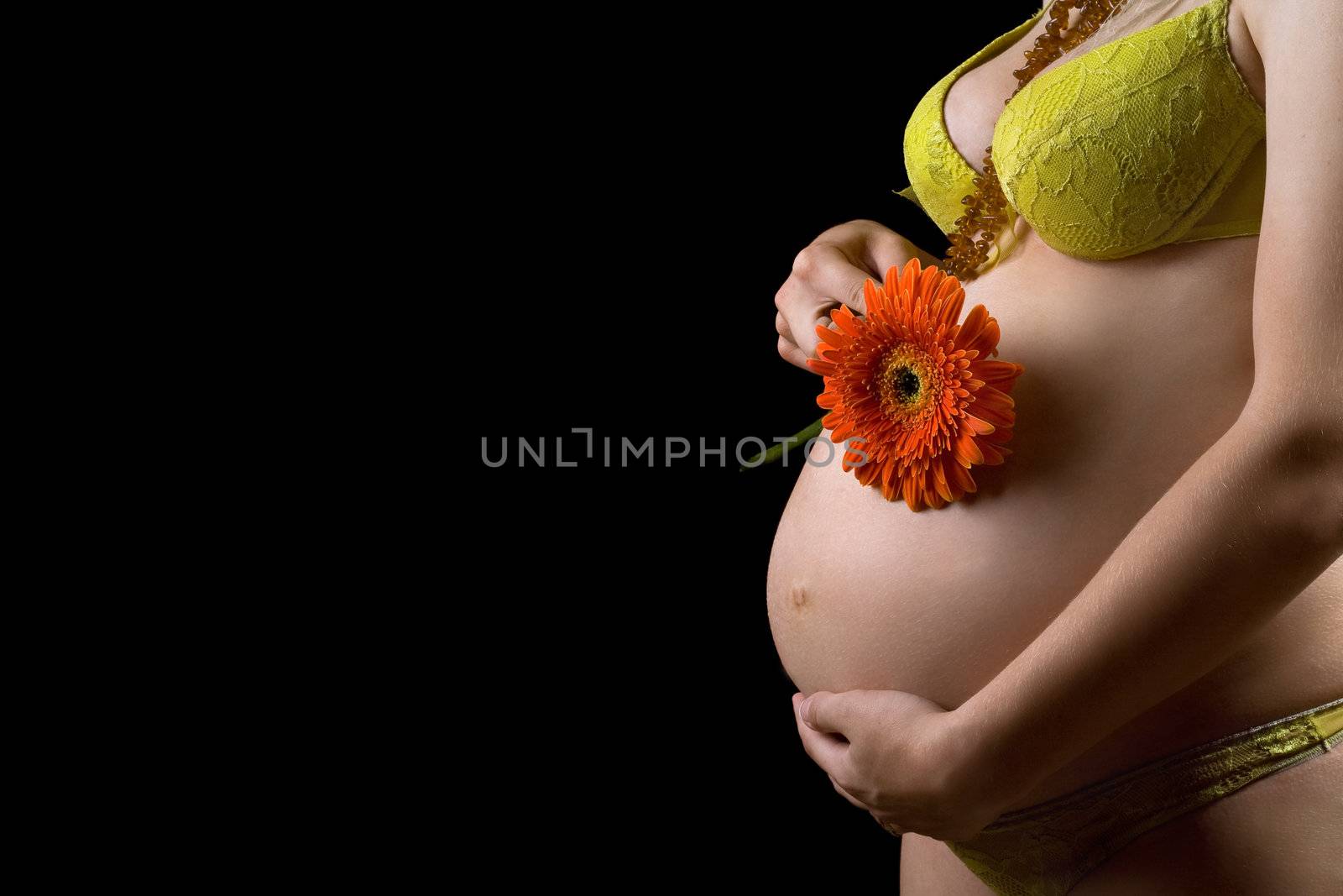 Belly of a pregnant young woman with flower. Isolated