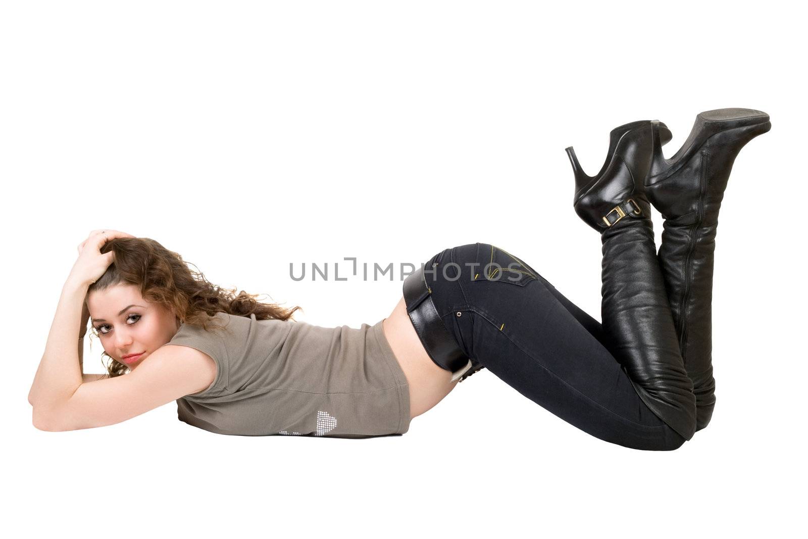 Playful pretty young woman. Isolated on white
