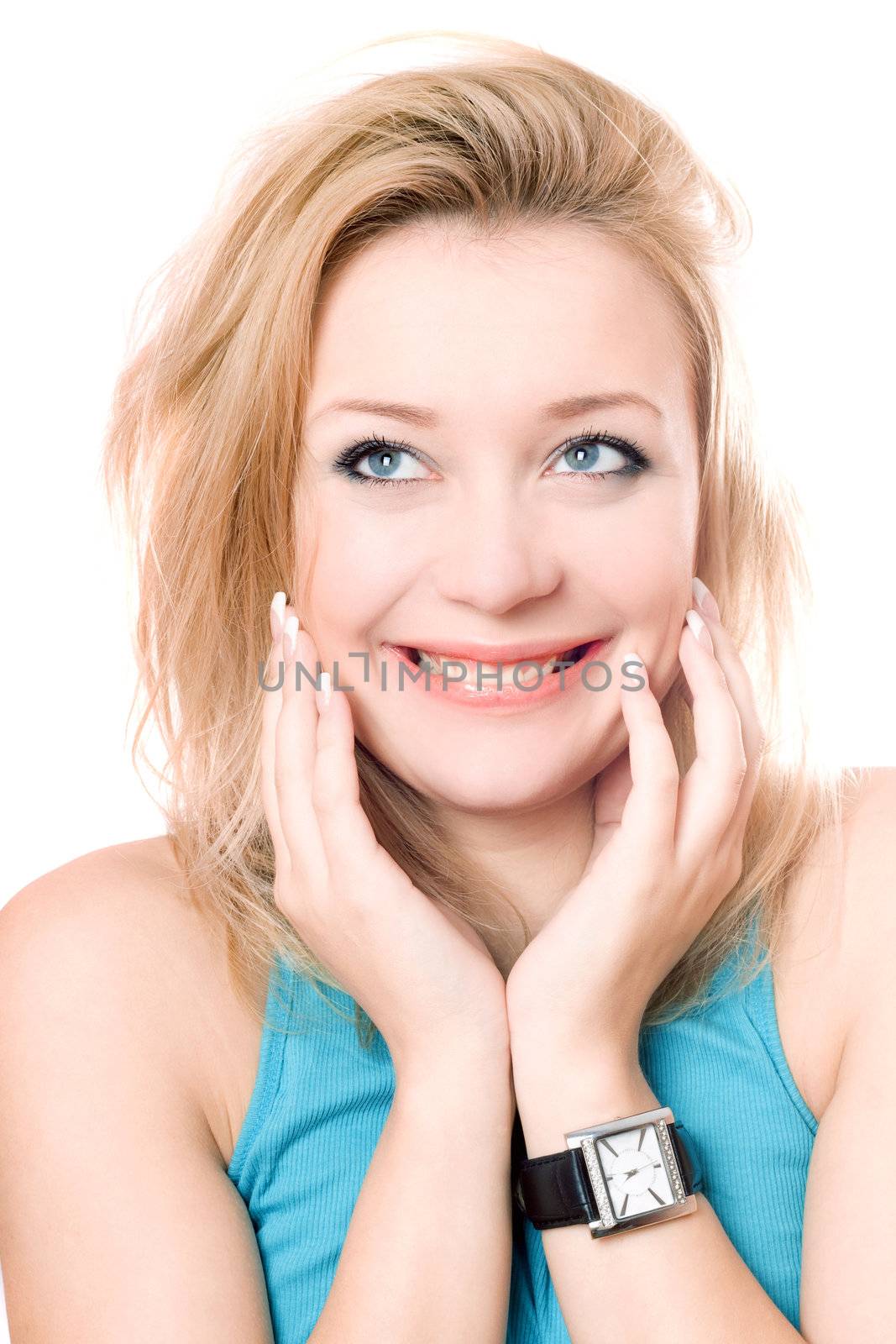 Closeup portrait of a cheerful attractive blonde. Isolated on white