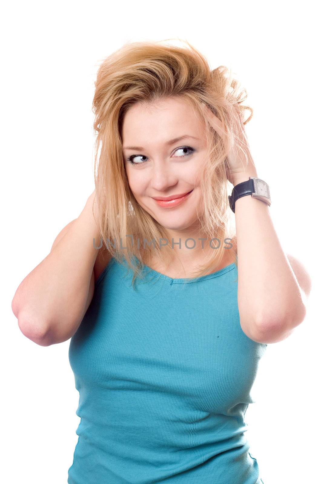 Portrait of a smiling pretty blonde. Isolated on white