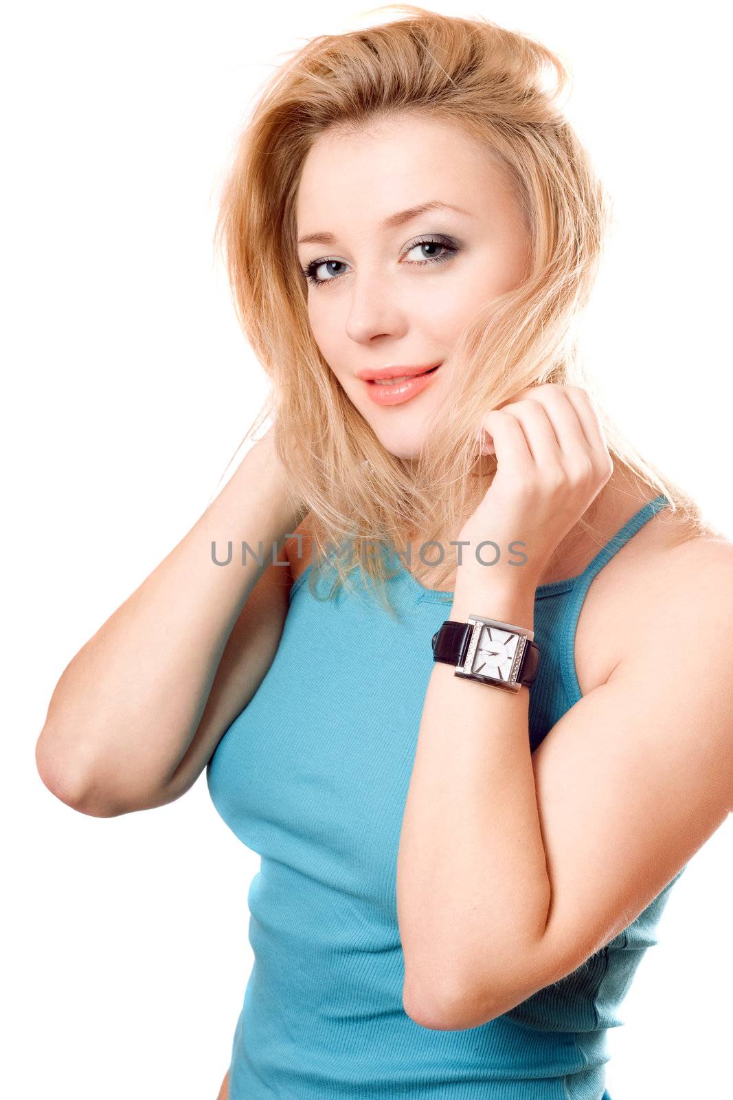 Portrait of a playful pretty blonde. Isolated on white