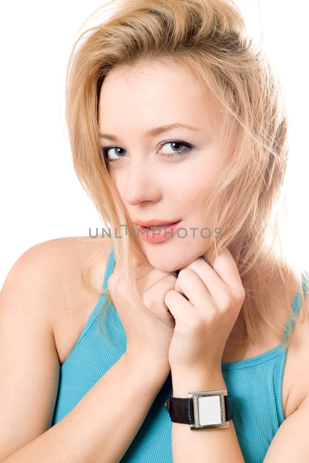 Closeup portrait of attractive young blonde. Isolated