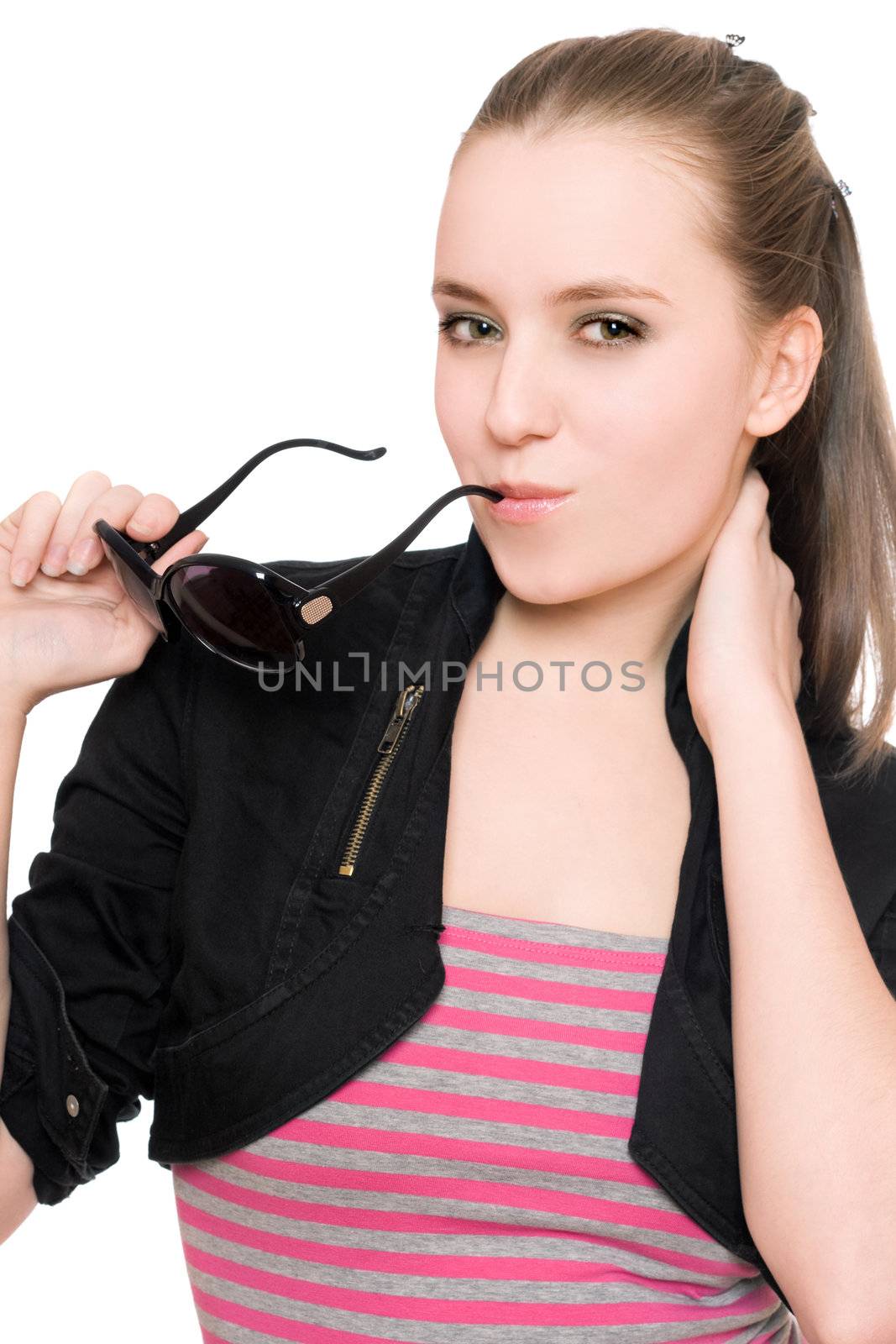 Portrait of pretty young woman with sunglasses. Isolated