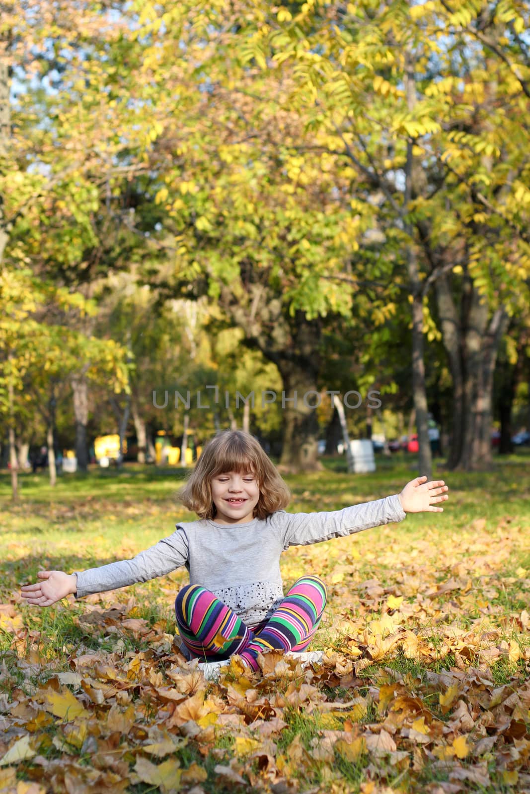 happy little girl in autumn park by goce