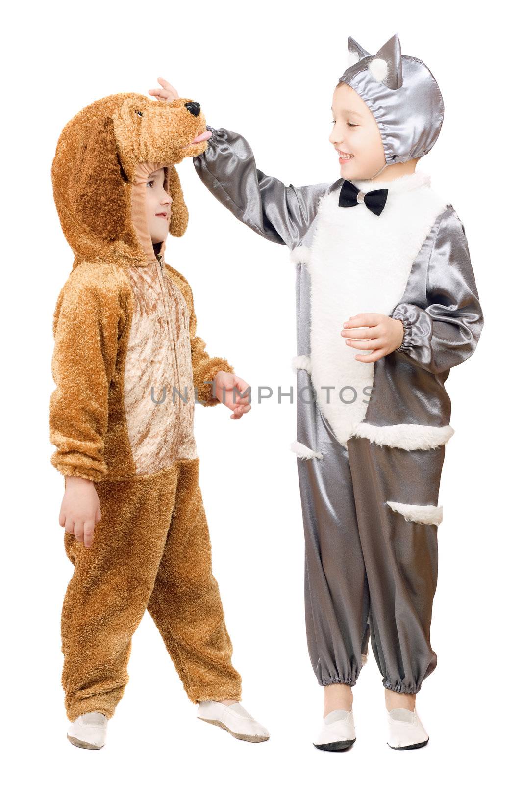 Boys dressed as a cat and dog. Isolated