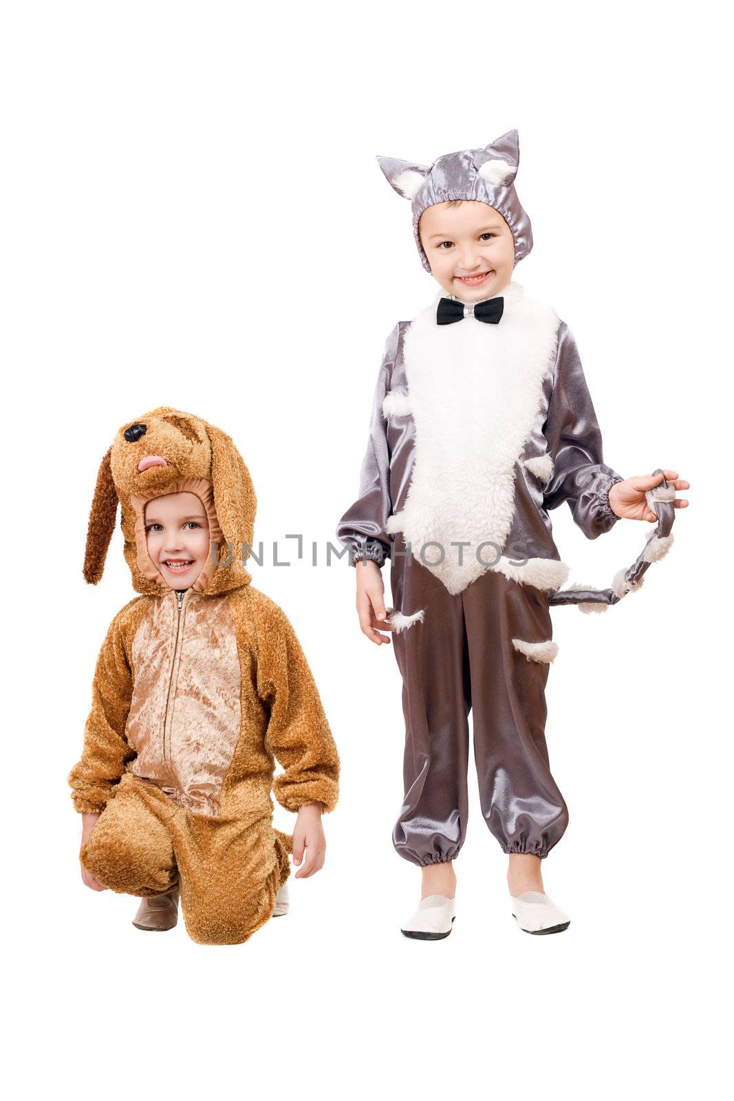 Playful boys dressed as a cat and dog. Isolated