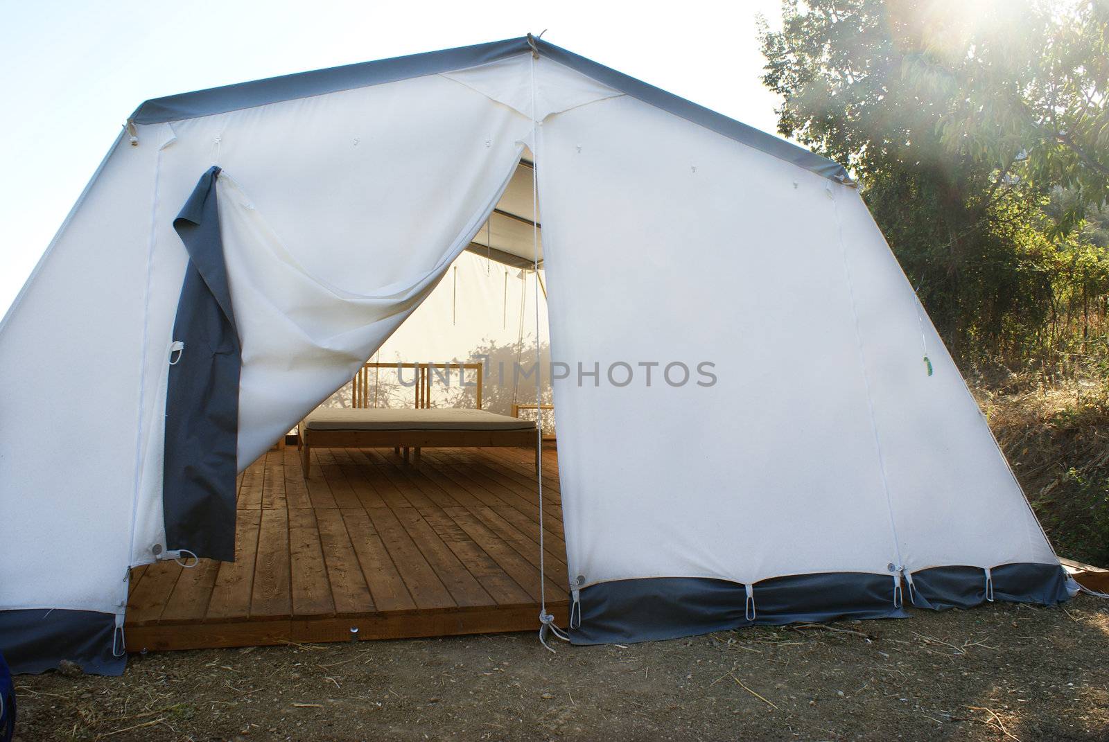 Large camping tent open. visibilie the interior