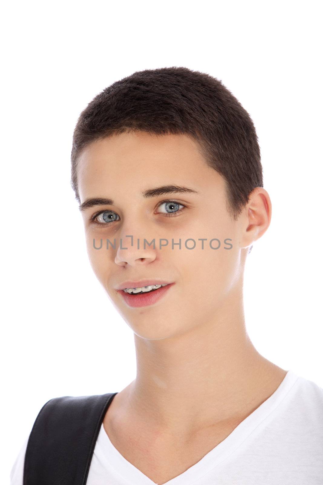 Smiling handsome teenage boy with braces isolated on white