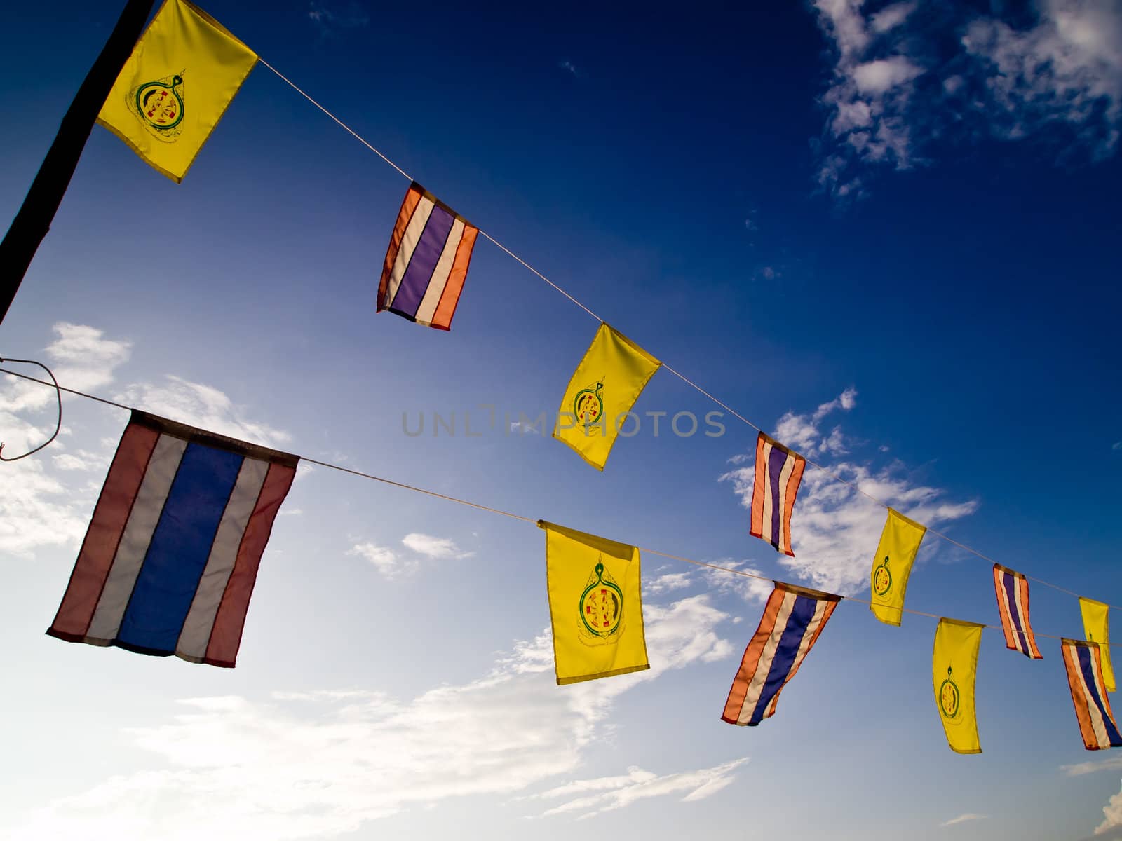 Buddhist and Thailand flag on the blue sky