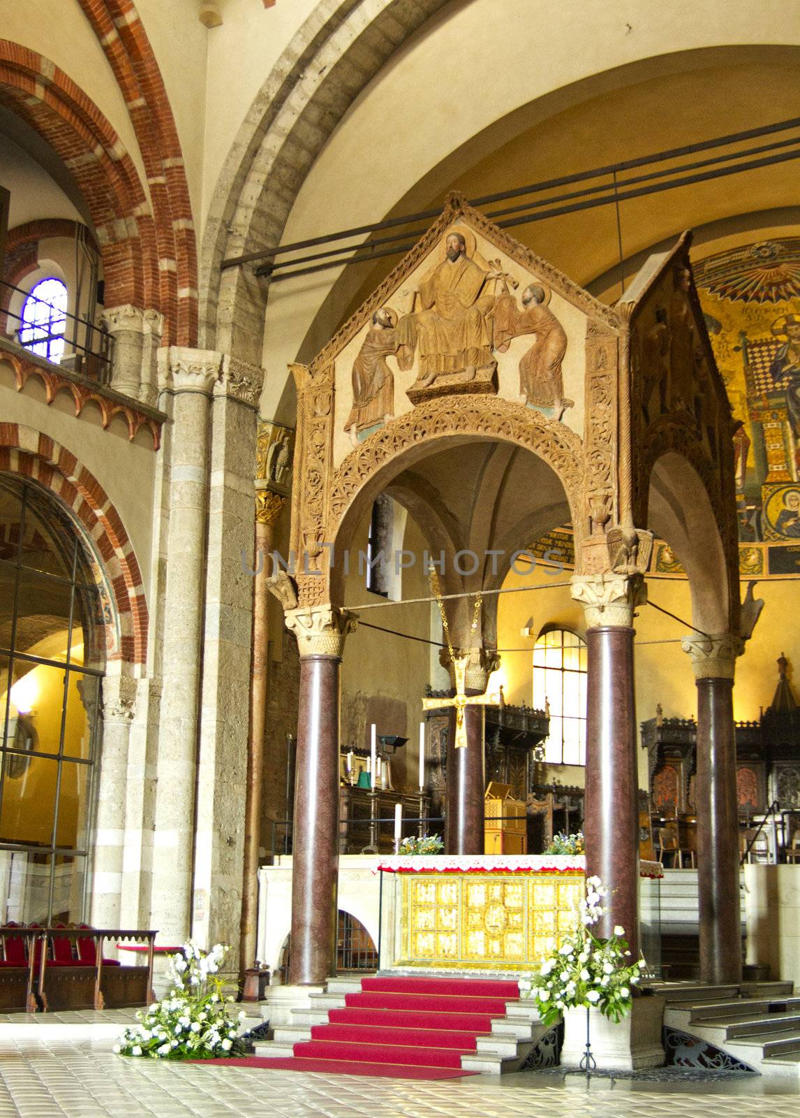 Ciborium with golden altar in the Basilica of St. Ambrogio in Milan, Italy (386 AD)