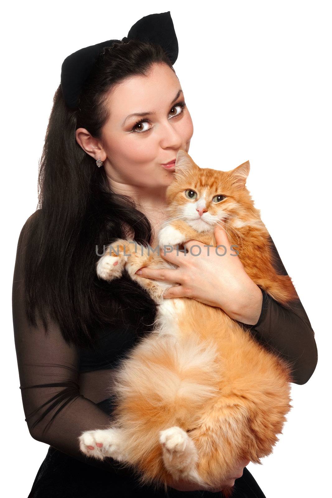 Portrait of young woman with a red cat. Isolated