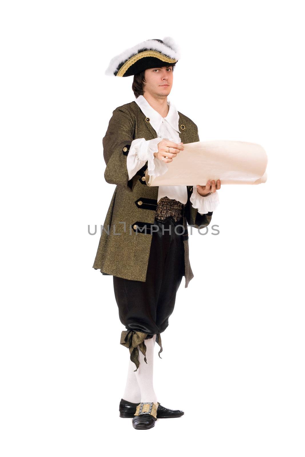 Young man in a historical costume with the decree