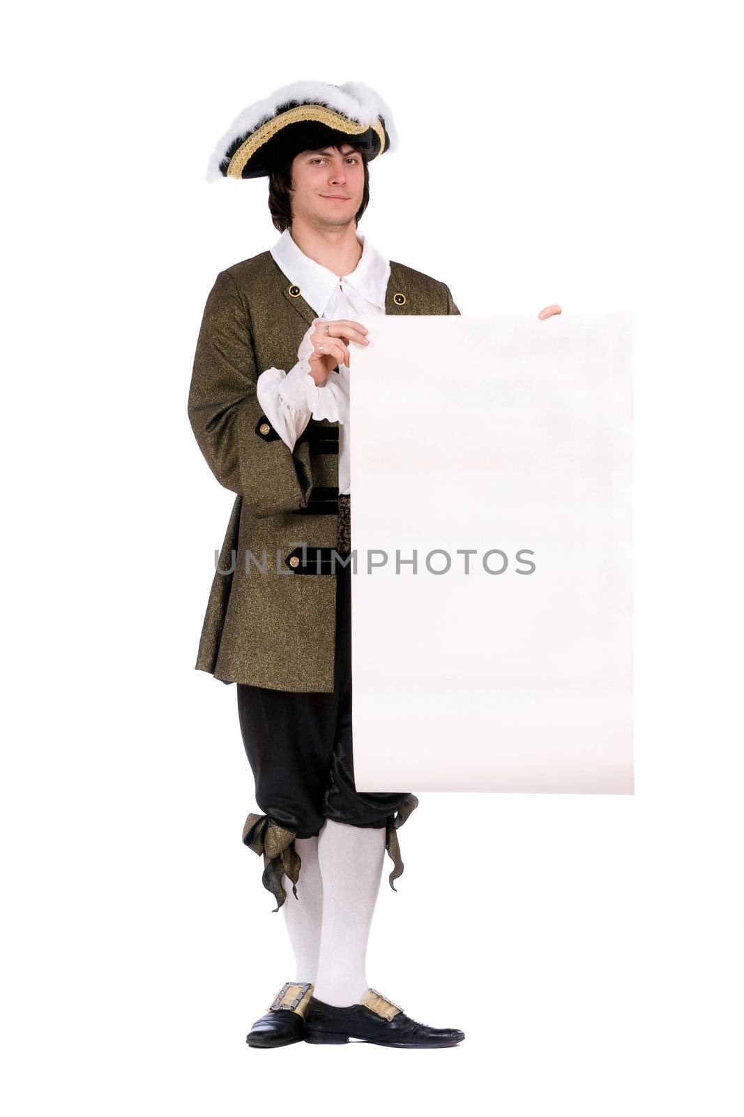 Man in a historical costume with the decree. Isolated