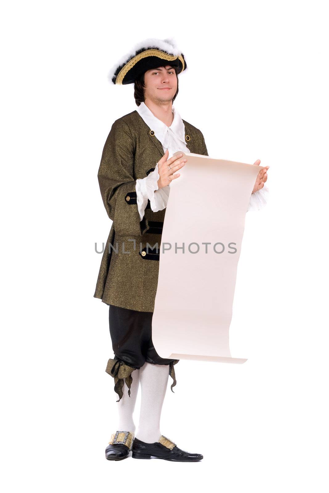 Young man in a historical costume read the decree. Isolated