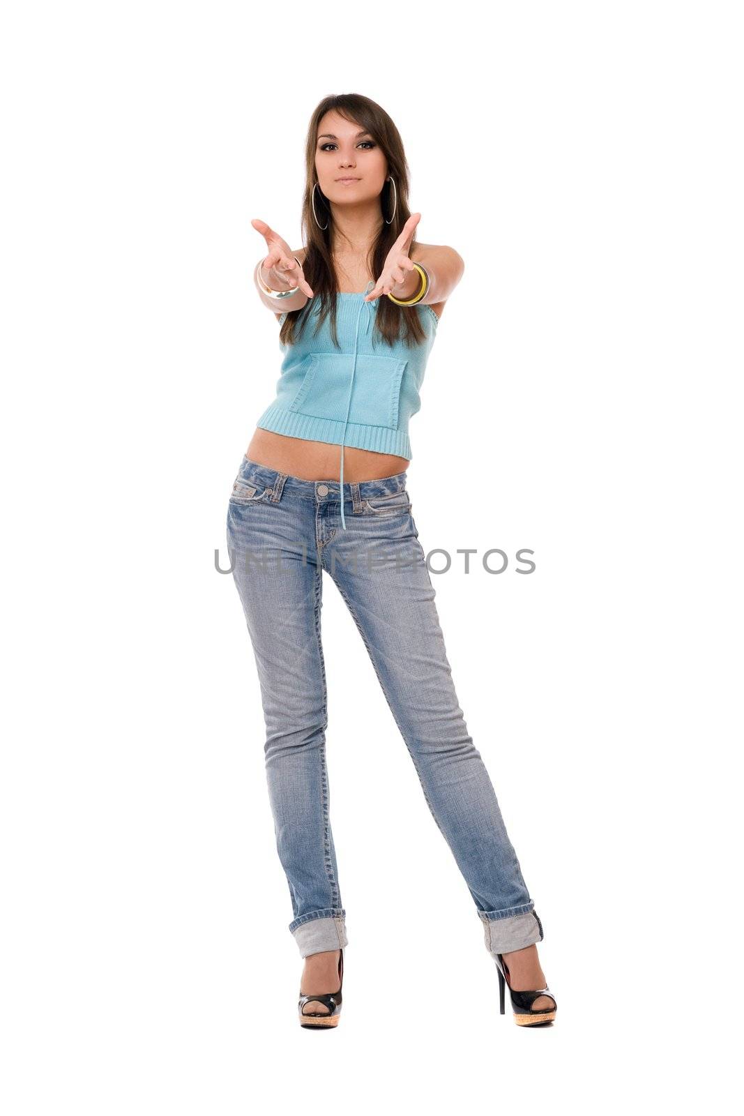 Young charming brunette lady. Isolated on white