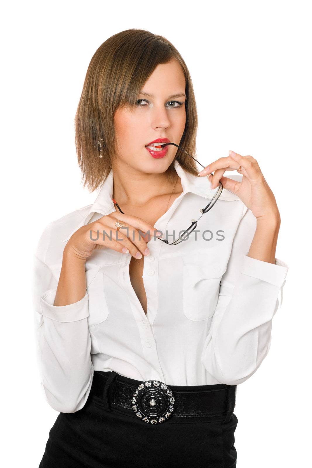 Portrait of young playful woman. Isolated on white