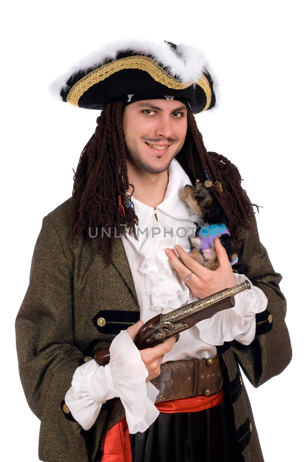 man in a pirate costume with small dog by acidgrey