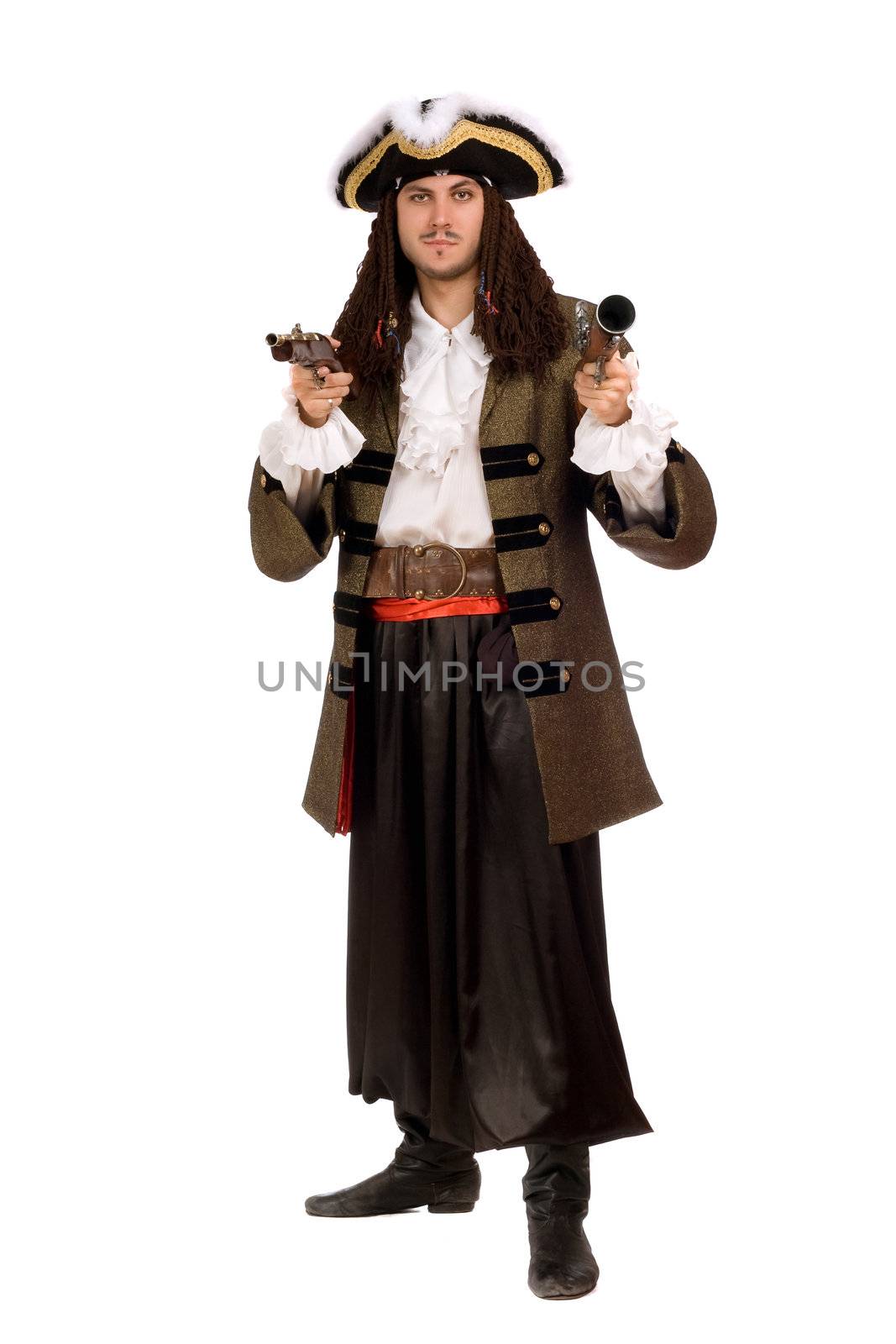 Young man in a pirate costume with pistols. Isolated
