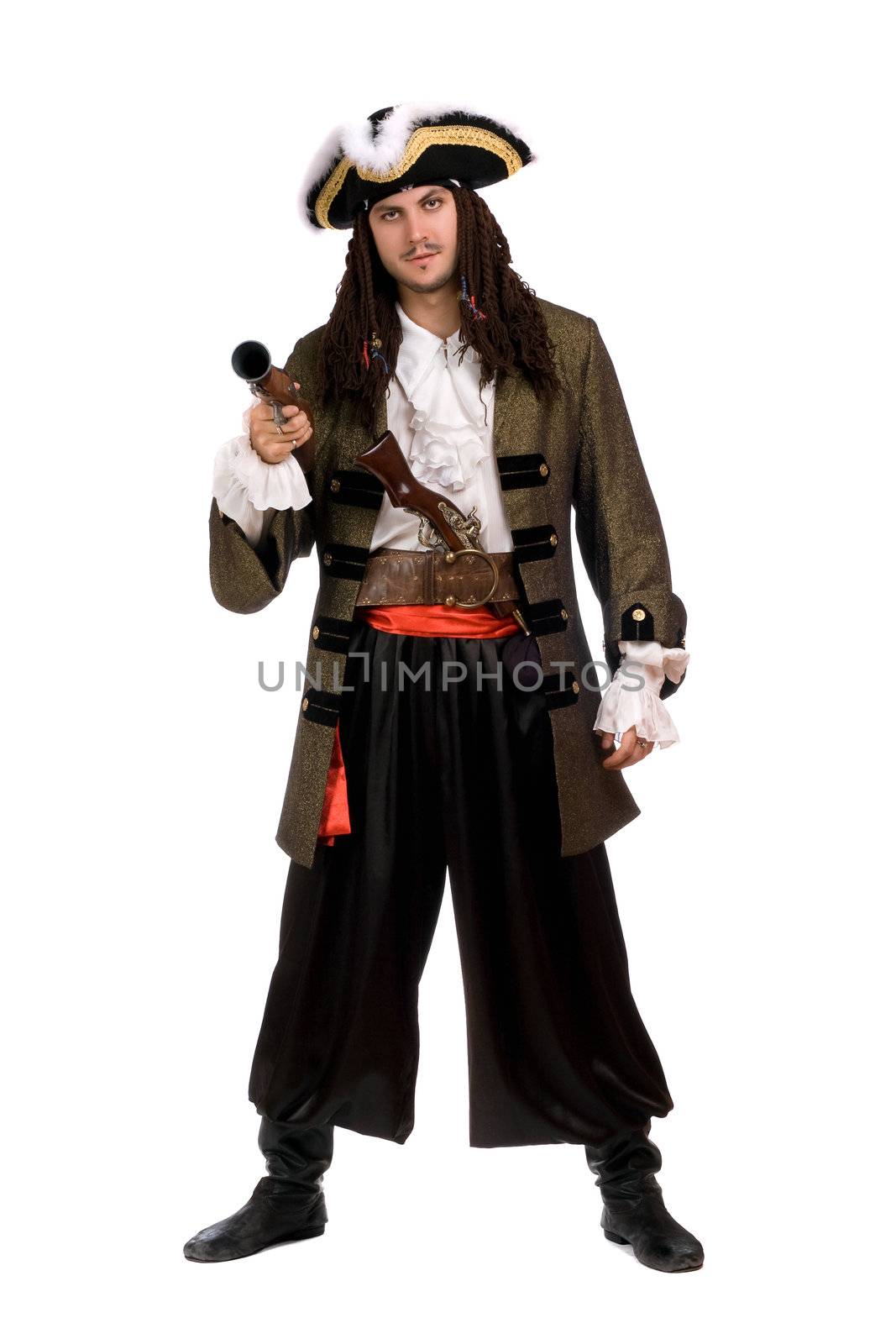 Young man in a pirate costume with pistol. Isolated
