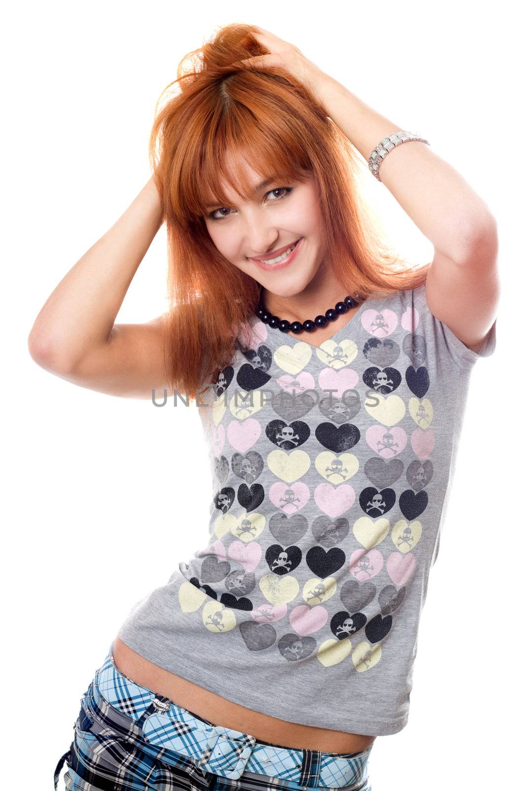 Portrait of attractive red-haired girl. Isolated on white