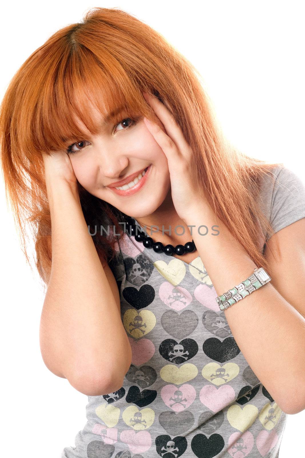 Portrait of joyful beautiful red-haired girl. Isolated