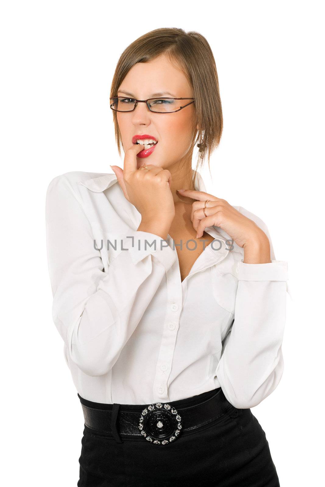 Portrait of passionate young woman. Isolated on white