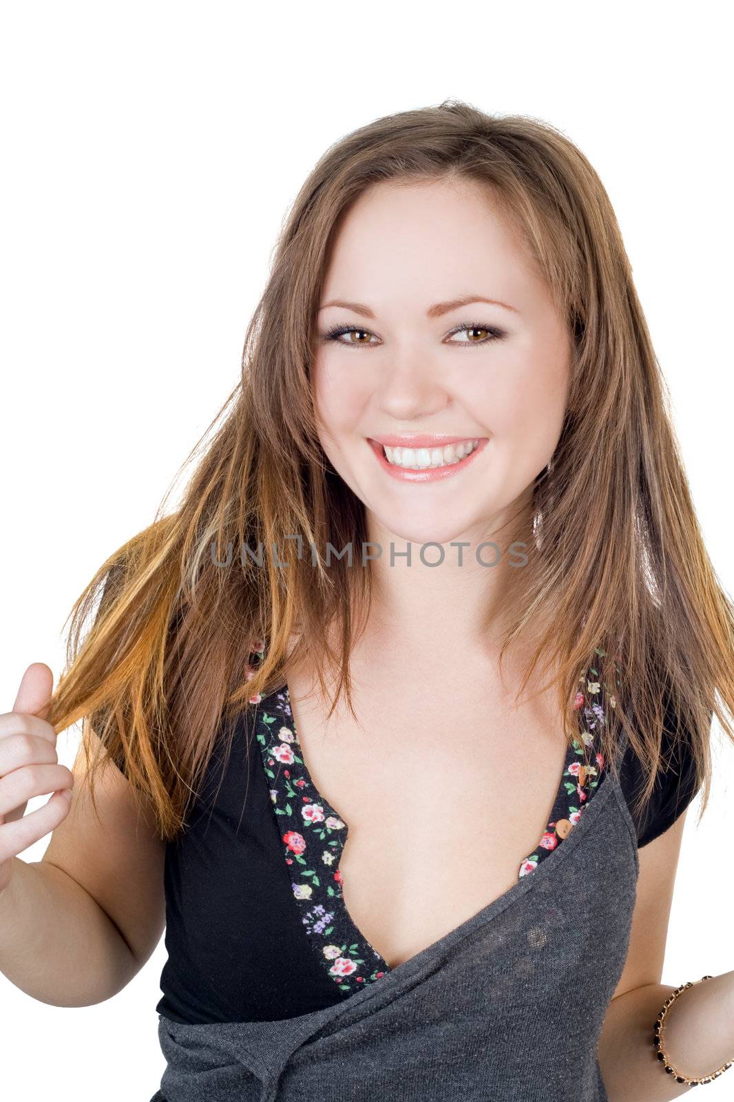 Smiling beautiful young woman. Isolated on white