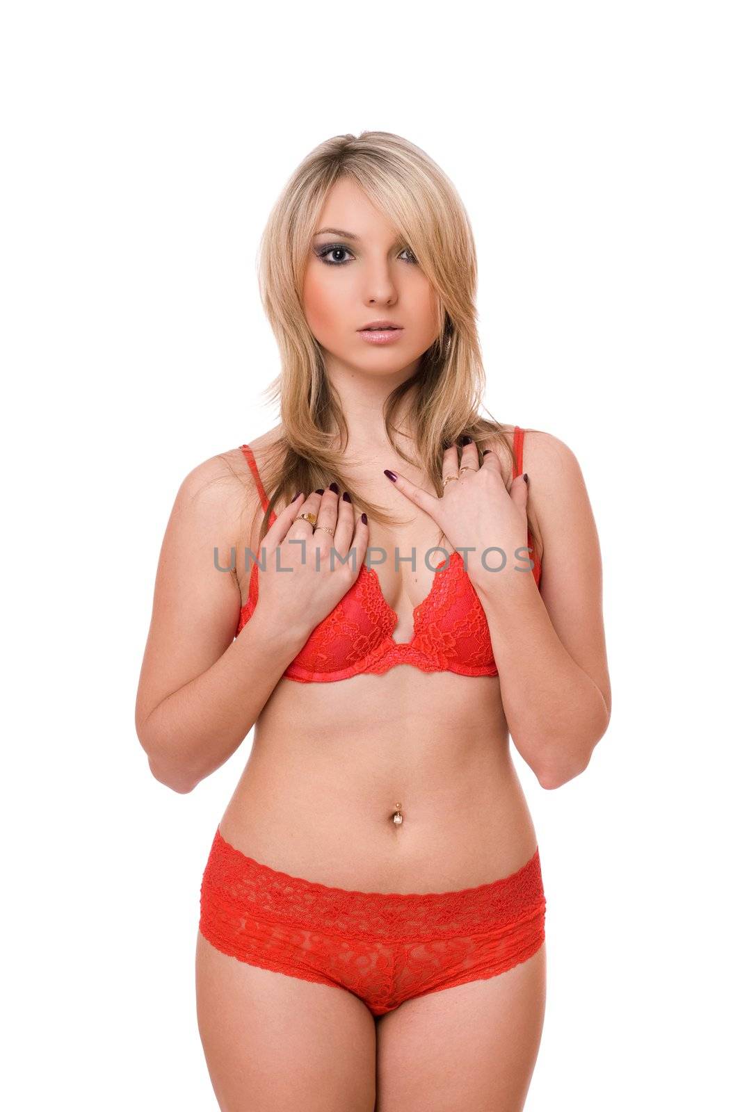 Youthful pretty blond lady. Isolated on white
