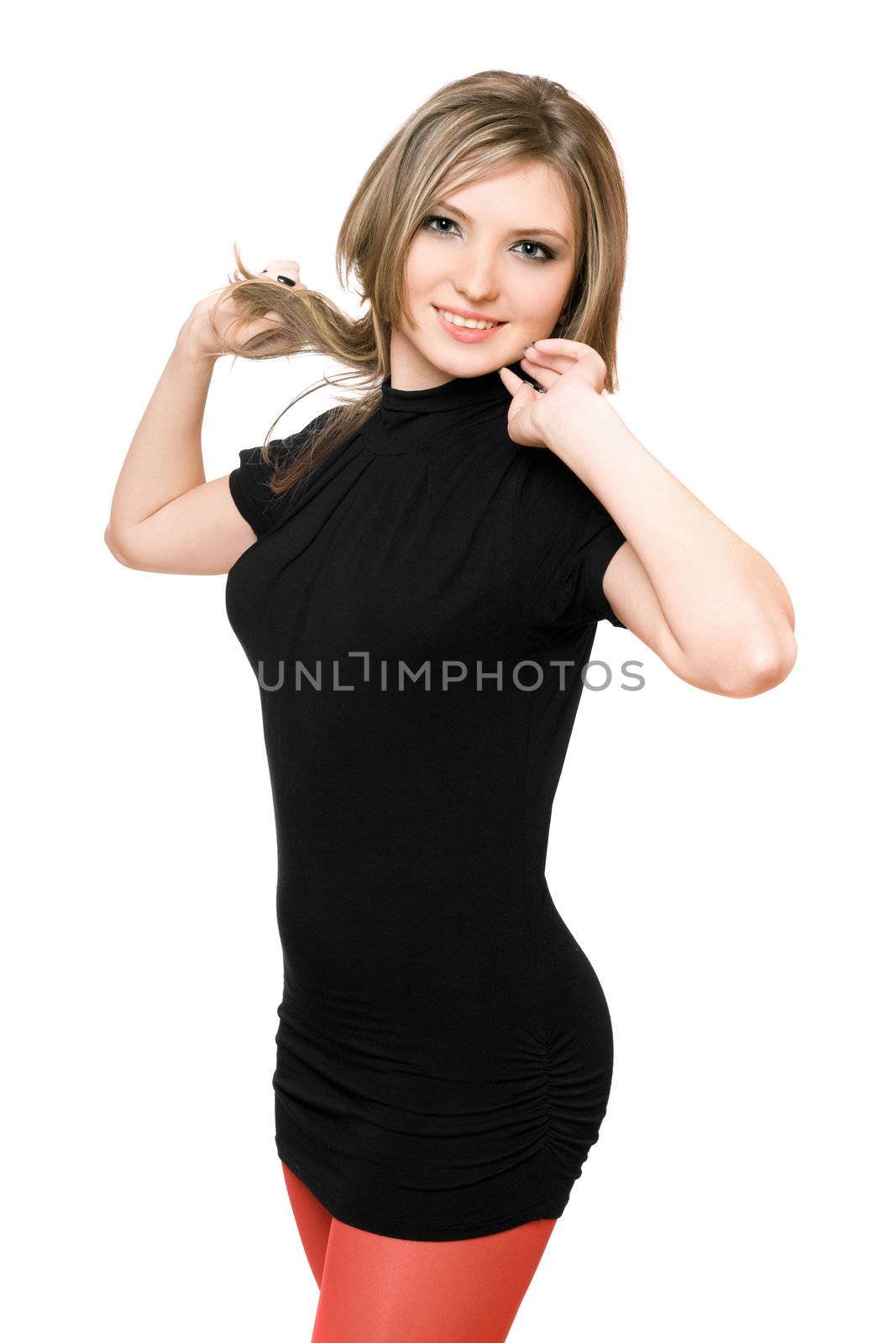 Portrait of sexy smiling young woman. Isolated on white