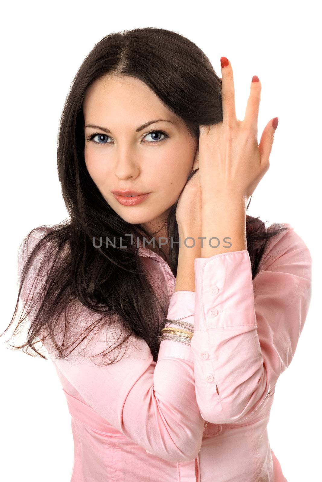 Portrait of playful young woman in pink shirt