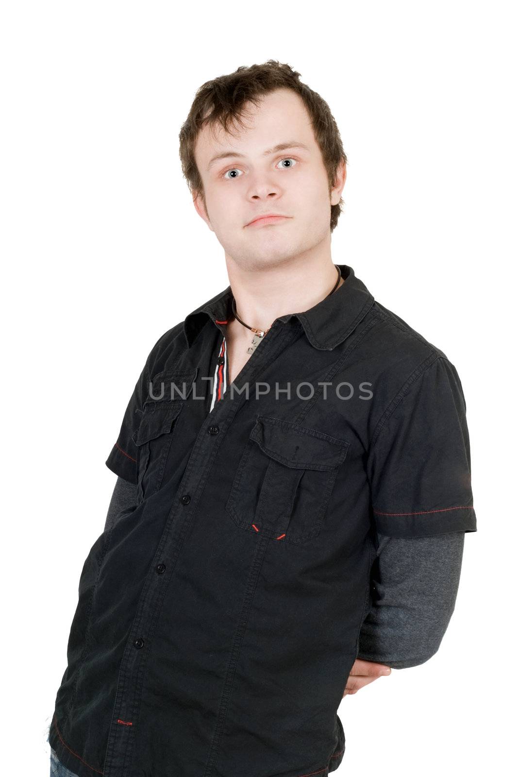 Portrait of the bizarre young man. Isolated on white