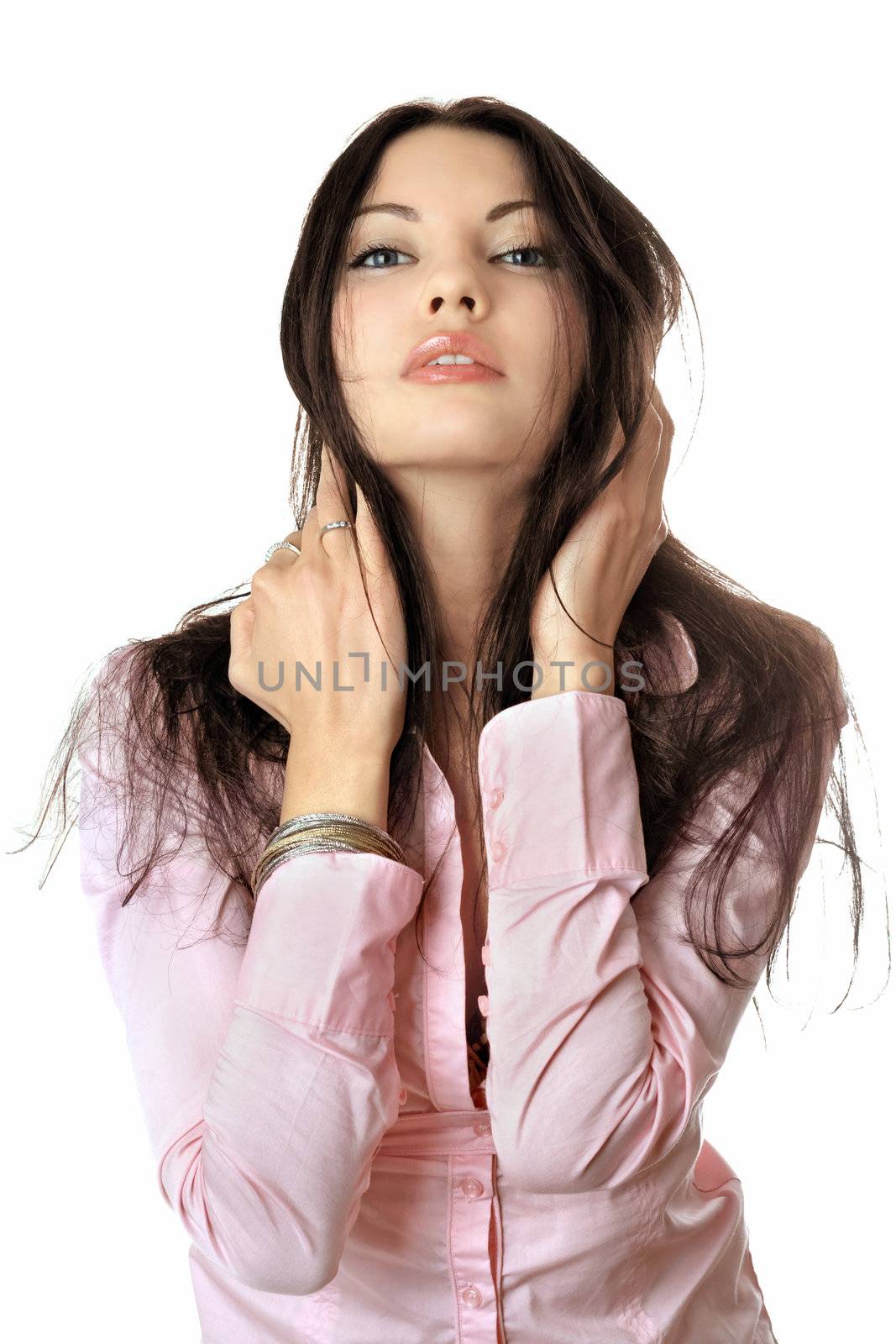 Portrait of pretty young woman in pink shirt by acidgrey